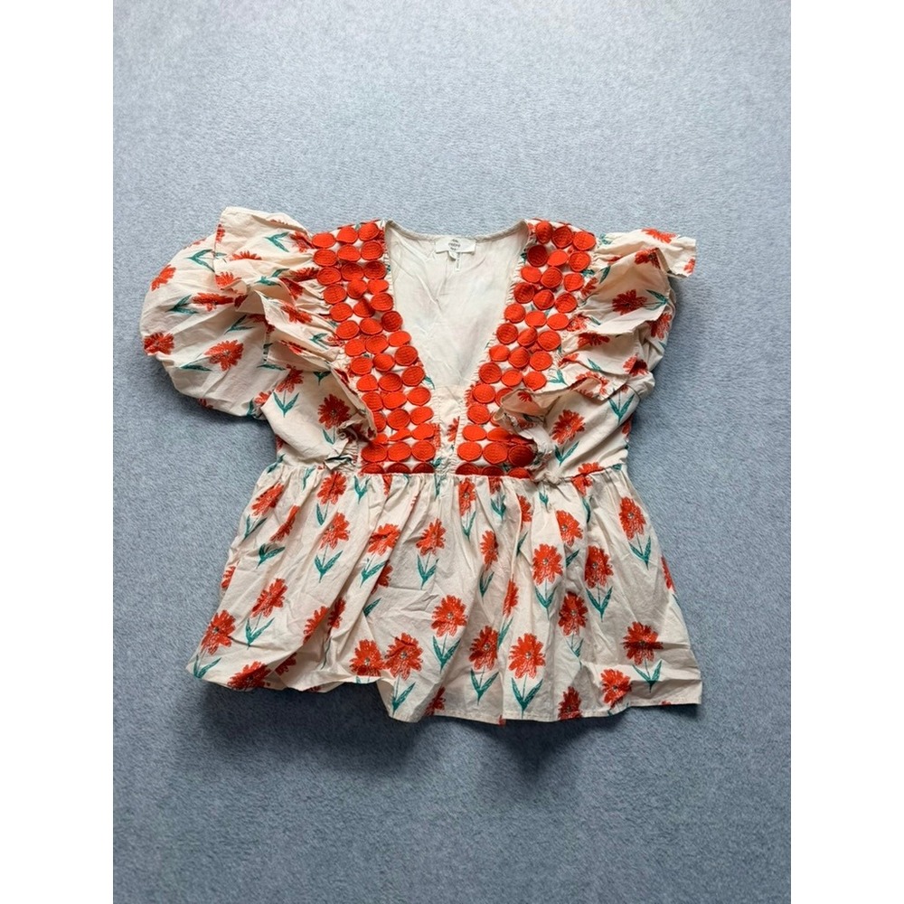 Entro Floral Peplum Top Orange Crochet V-Neck Ruffle Sleeve Blouse Medium